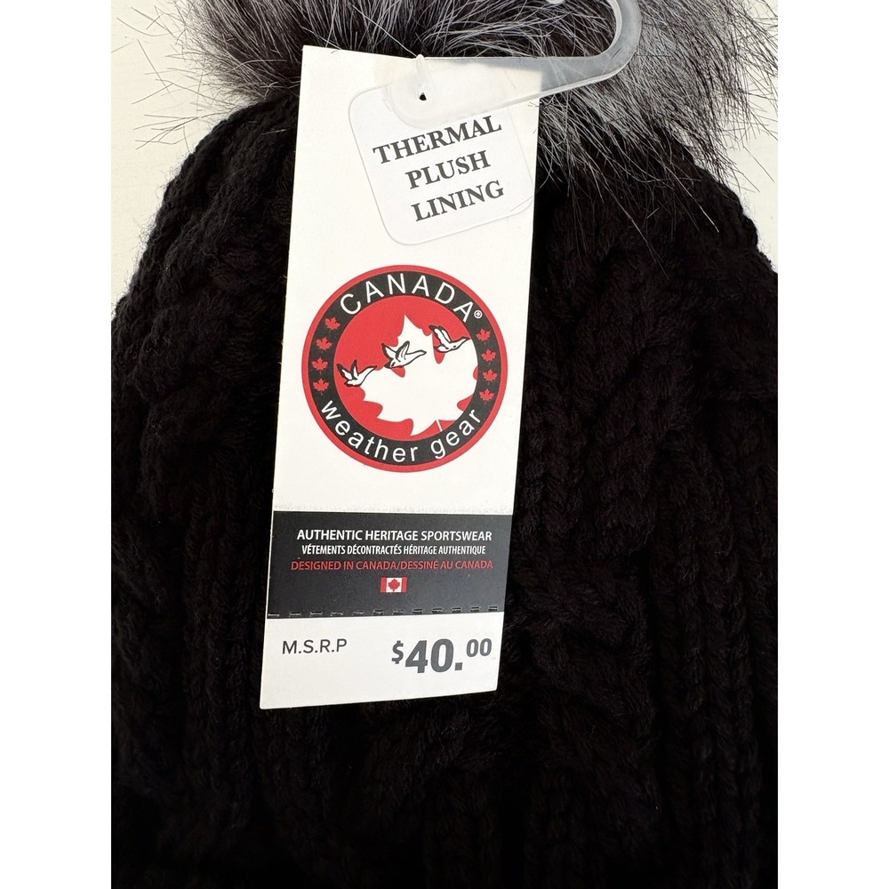 NWT Canada Weather Gear Women's Beanie Hat Black Plush Lined W/Pom Pom Gorpcore - Picture 3 of 5